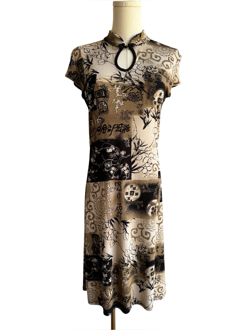 90s M Collection Asian Inspired Cocktail Dress Sz L Earth Tone High Neck Stretch